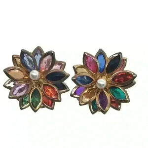 Vintage Flower Earrings 3D Multi Color 1970s Clip On Layered